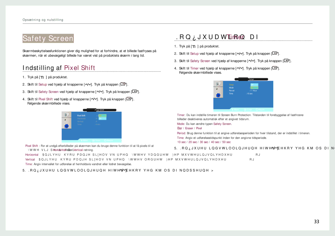 Samsung LH22NLBVLVC/EN manual Safety Screen, Indstilling af Pixel Shift, Konfiguration af Timer 