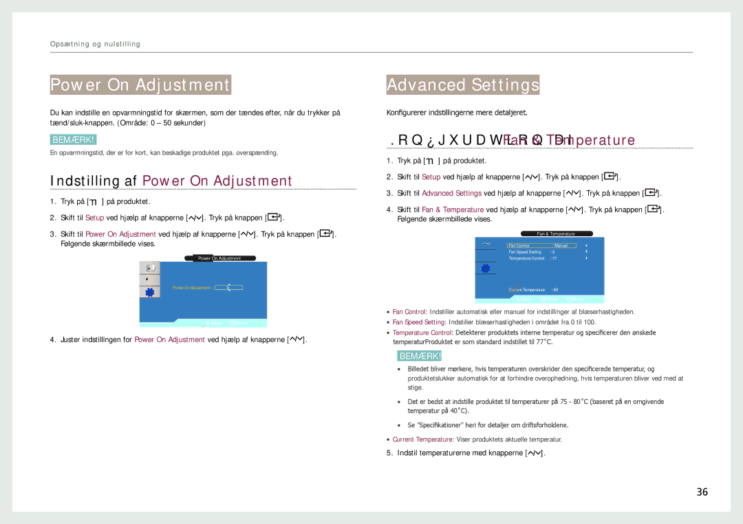 Samsung LH22NLBVLVC/EN manual Power On Adjustment, Advanced Settings, Konfiguration af Fan & Temperature 