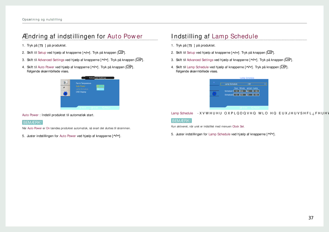 Samsung LH22NLBVLVC/EN manual Ændring af indstillingen for Auto Power, Indstilling af Lamp Schedule 