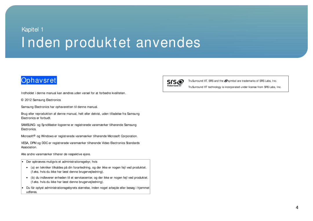 Samsung LH22NLBVLVC/EN manual Inden produktet anvendes, Ophavsret 