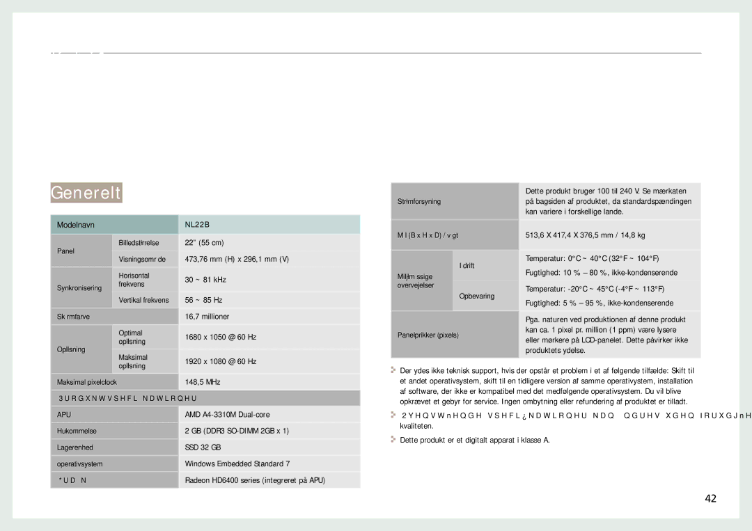 Samsung LH22NLBVLVC/EN manual Specifikationer, Generelt 