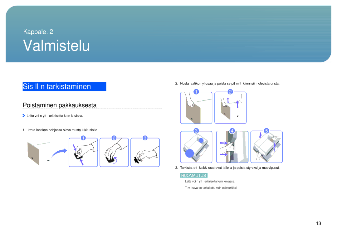 Samsung LH22NLBVLVC/EN manual Valmistelu, Sisällön tarkistaminen, Poistaminen pakkauksesta 