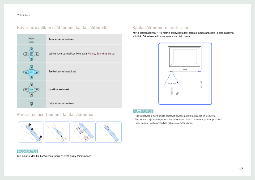 Samsung LH22NLBVLVC/EN manual Kuvaruutuvalikon säätäminen kaukosäätimellä, Paristojen asettaminen kaukosäätimeen 