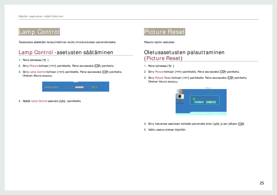 Samsung LH22NLBVLVC/EN manual Lamp Control -asetusten säätäminen, Oletusasetusten palauttaminen Picture Reset 