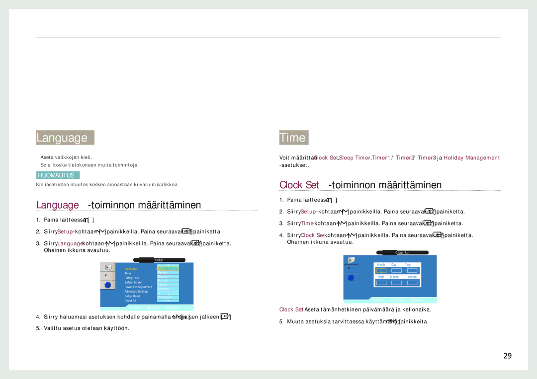 Samsung LH22NLBVLVC/EN manual Language -toiminnon määrittäminen, Clock Set -toiminnon määrittäminen 