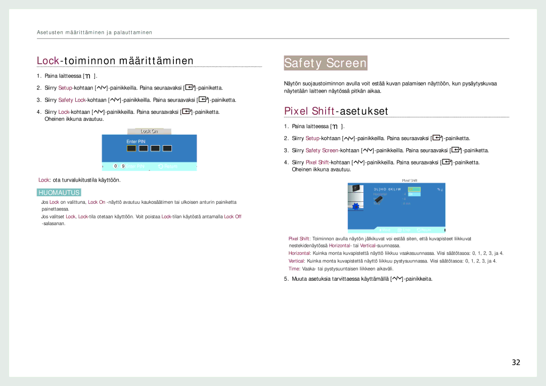 Samsung LH22NLBVLVC/EN manual Safety Screen, Lock-toiminnon määrittäminen 