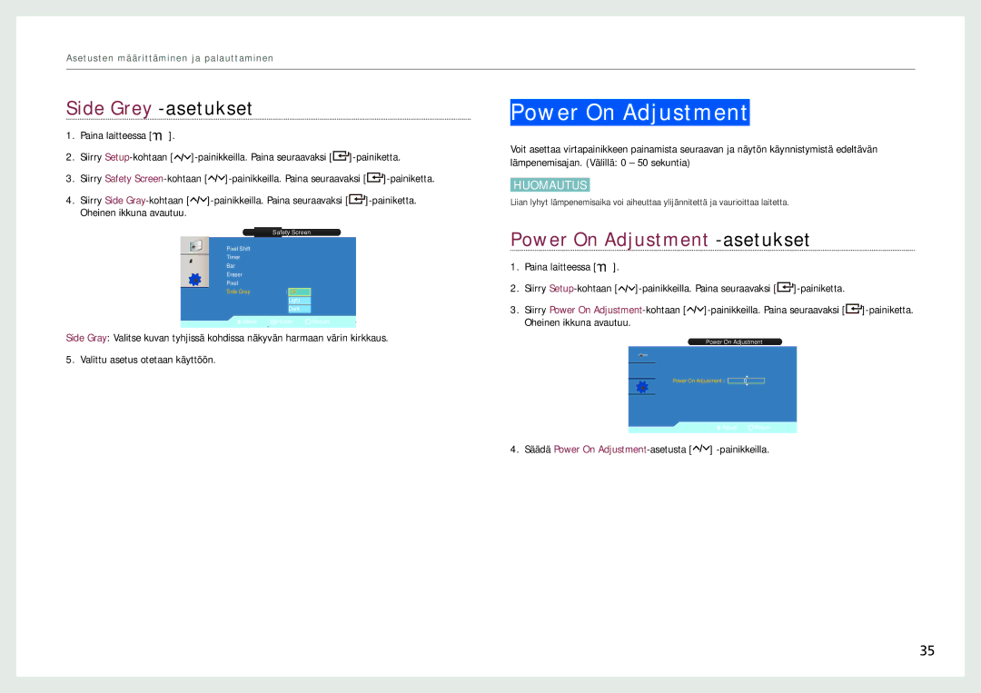 Samsung LH22NLBVLVC/EN manual Power On Adjustment, Side Grey -asetukset 