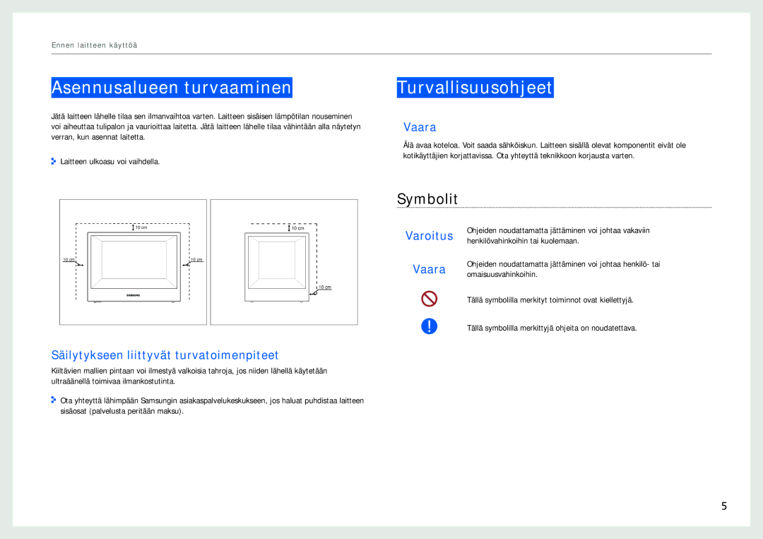 Samsung LH22NLBVLVC/EN manual Asennusalueen turvaaminen, Turvallisuusohjeet, Symbolit 