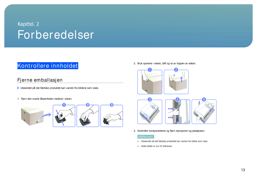 Samsung LH22NLBVLVC/EN manual Forberedelser, Kontrollere innholdet, Fjerne emballasjen 