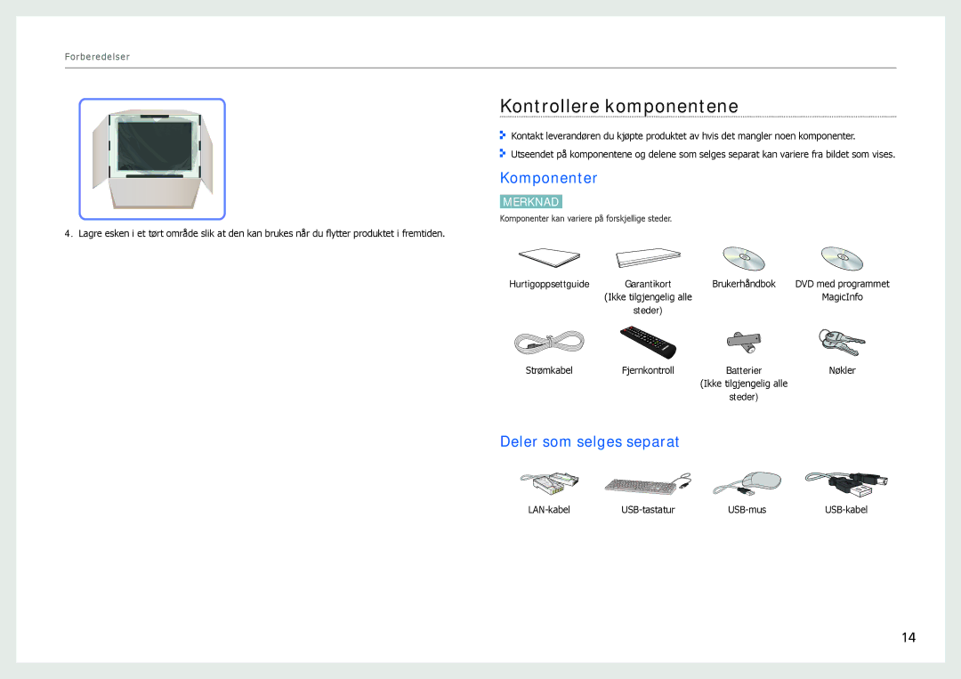 Samsung LH22NLBVLVC/EN manual Kontrollere komponentene, Komponenter, Deler som selges separat 