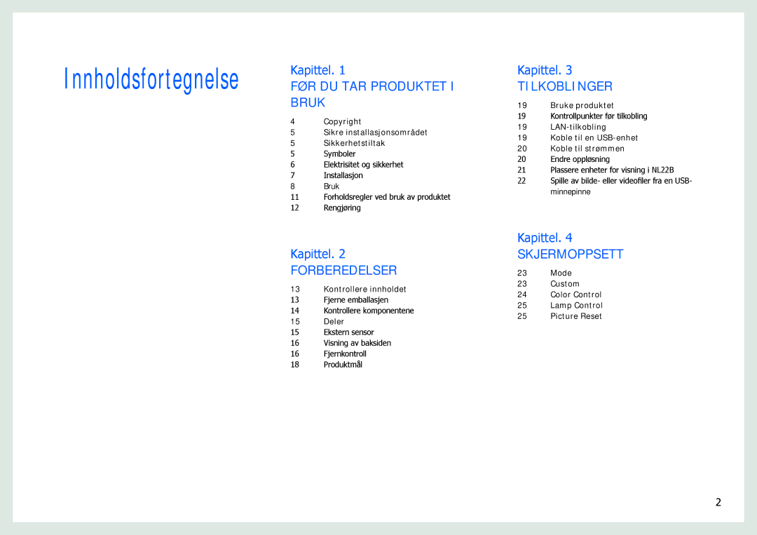 Samsung LH22NLBVLVC/EN manual Innholdsfortegnelse 