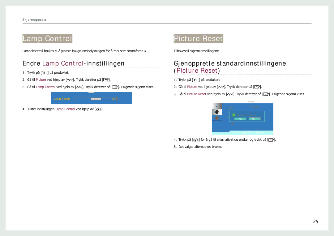 Samsung LH22NLBVLVC/EN manual Picture Reset, Endre Lamp Control-innstillingen 
