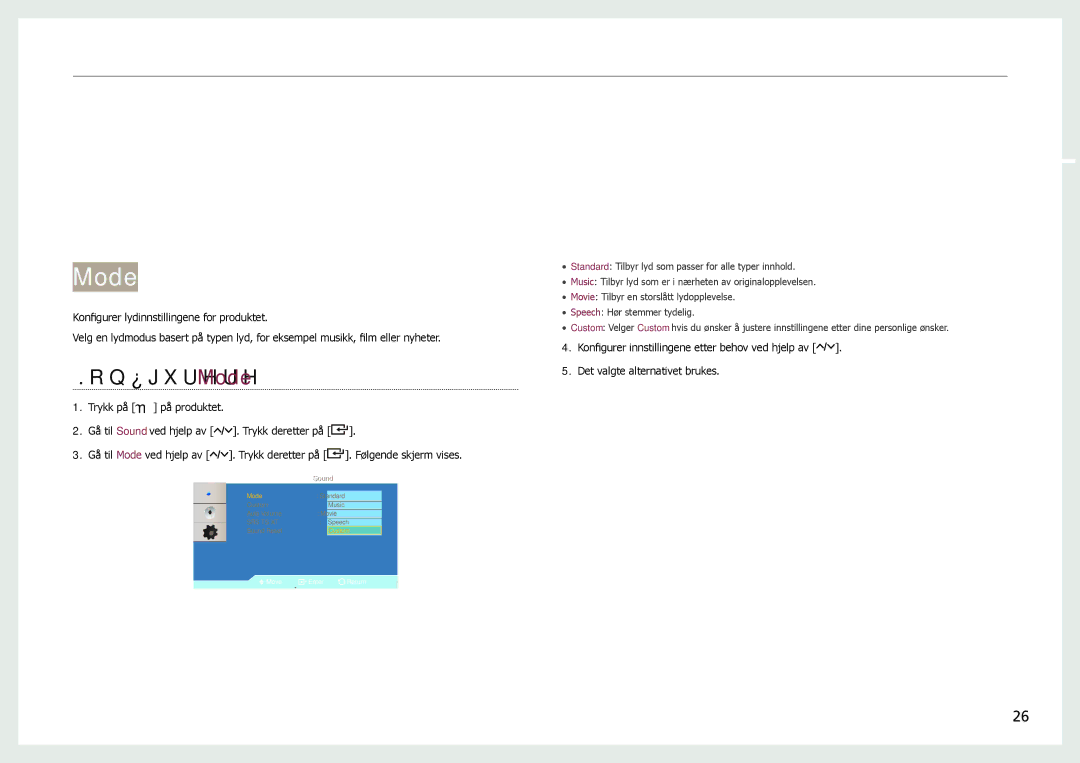 Samsung LH22NLBVLVC/EN manual Konfigurere lydinnstillingene, Mode 