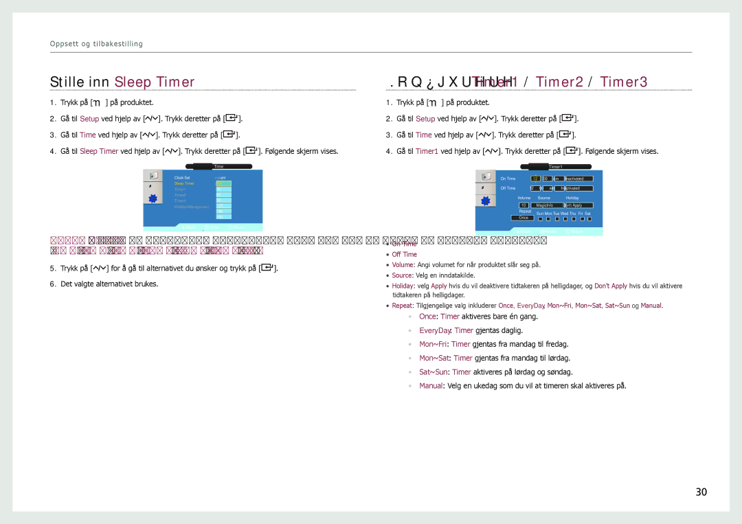 Samsung LH22NLBVLVC/EN manual Stille inn Sleep Timer, Konfigurere Timer1 / Timer2 / Timer3 