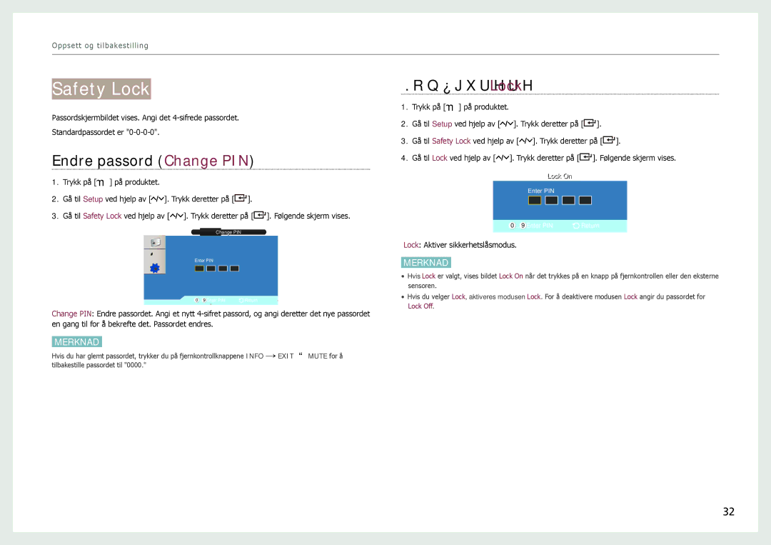 Samsung LH22NLBVLVC/EN manual Safety Lock, Endre passord Change PIN, Konfigurere Lock 