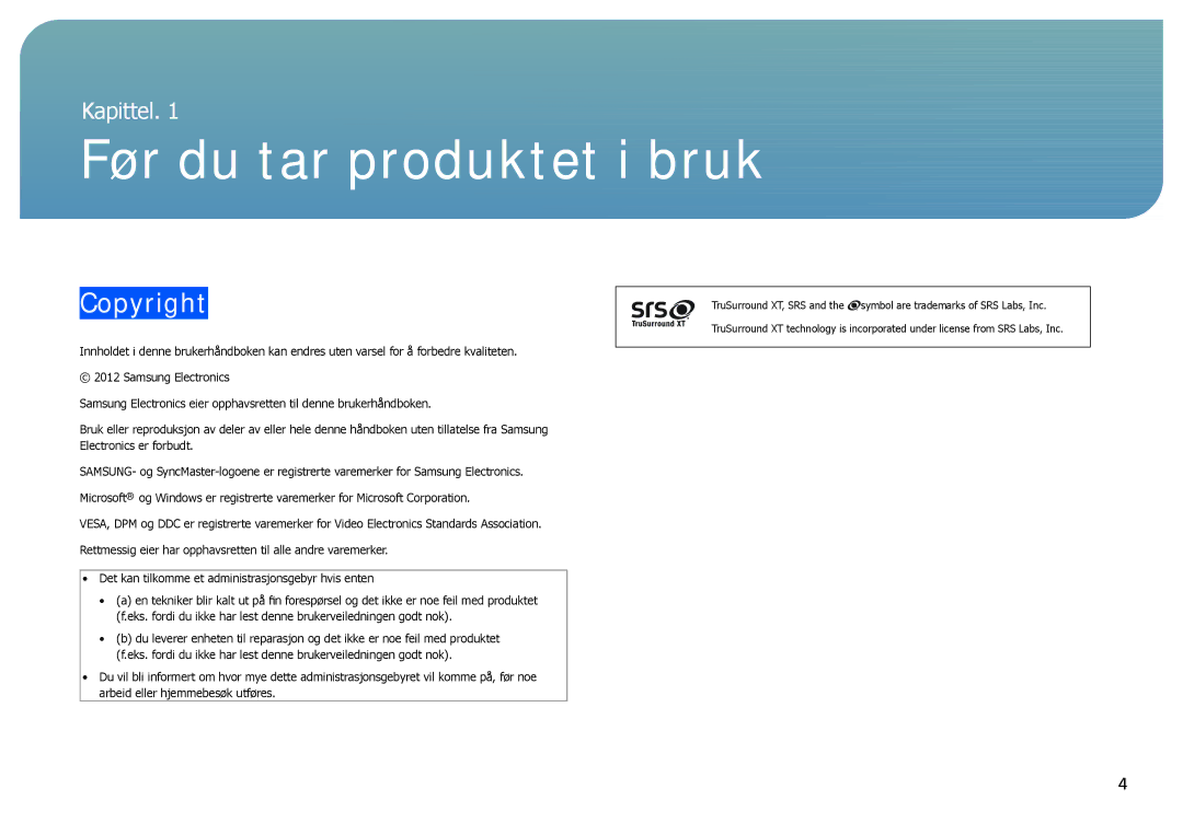 Samsung LH22NLBVLVC/EN manual Før du tar produktet i bruk, Copyright 