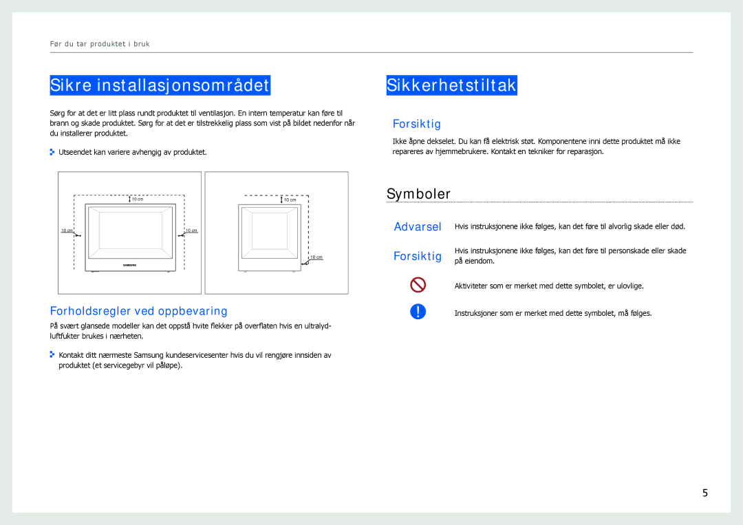 Samsung LH22NLBVLVC/EN Sikre installasjonsområdet, Sikkerhetstiltak, Symboler, Forsiktig, Forholdsregler ved oppbevaring 