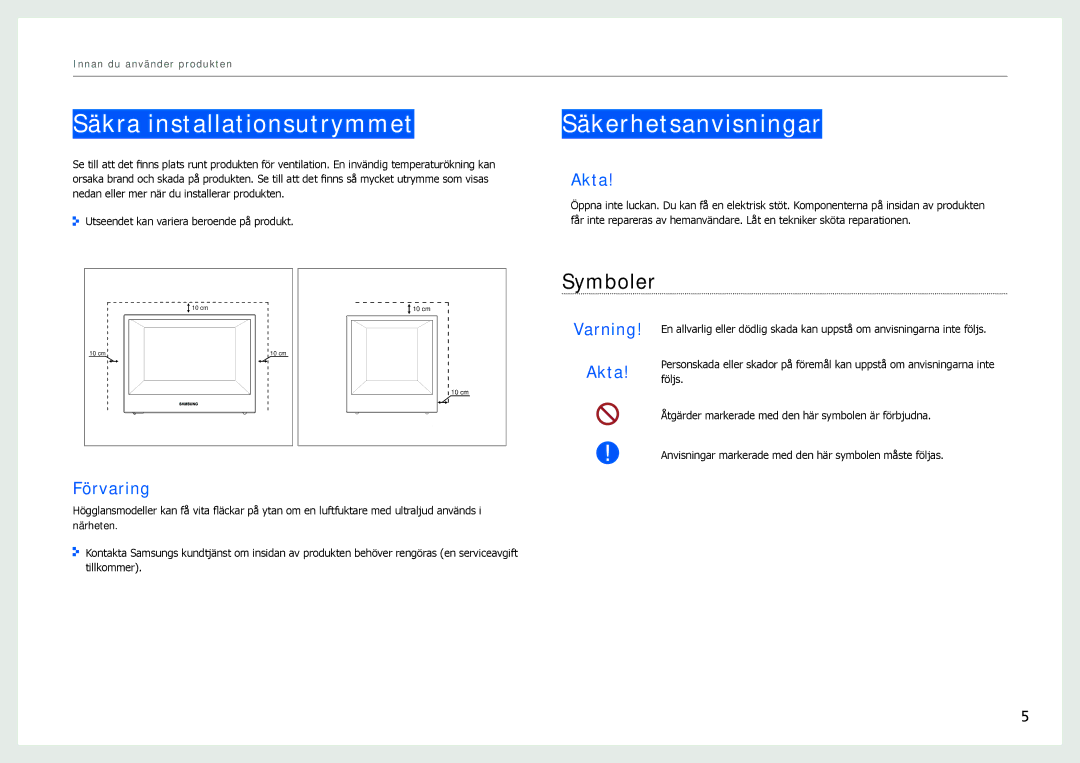 Samsung LH22NLBVLVC/EN manual Säkra installationsutrymmet, Säkerhetsanvisningar, Symboler 