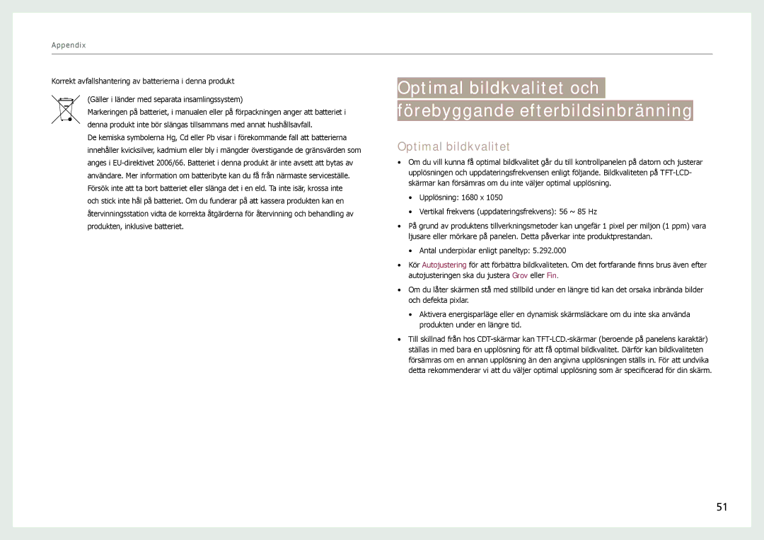 Samsung LH22NLBVLVC/EN manual Optimal bildkvalitet och förebyggande efterbildsinbränning 