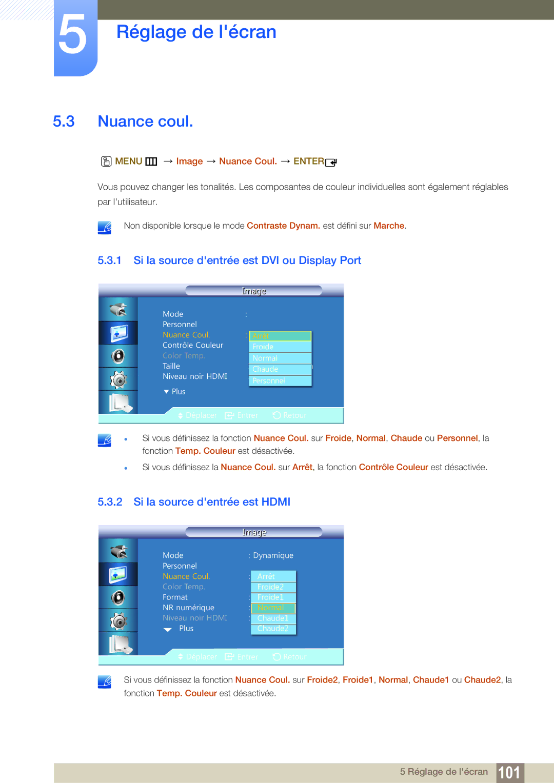 Samsung LH22UDBPLBB/EN manual Nuance coul, Si la source dentrée est DVI ou Display Port, Menu m Image Nuance Coul. Enter 