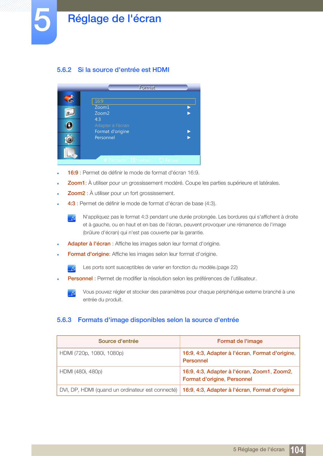 Samsung LH22UDBPLBB/EN manual Formats dimage disponibles selon la source dentrée 