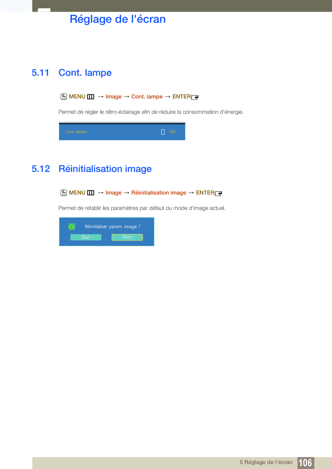 Samsung LH22UDBPLBB/EN manual 12 Réinitialisation image, Menu m Image Cont. lampe Enter 