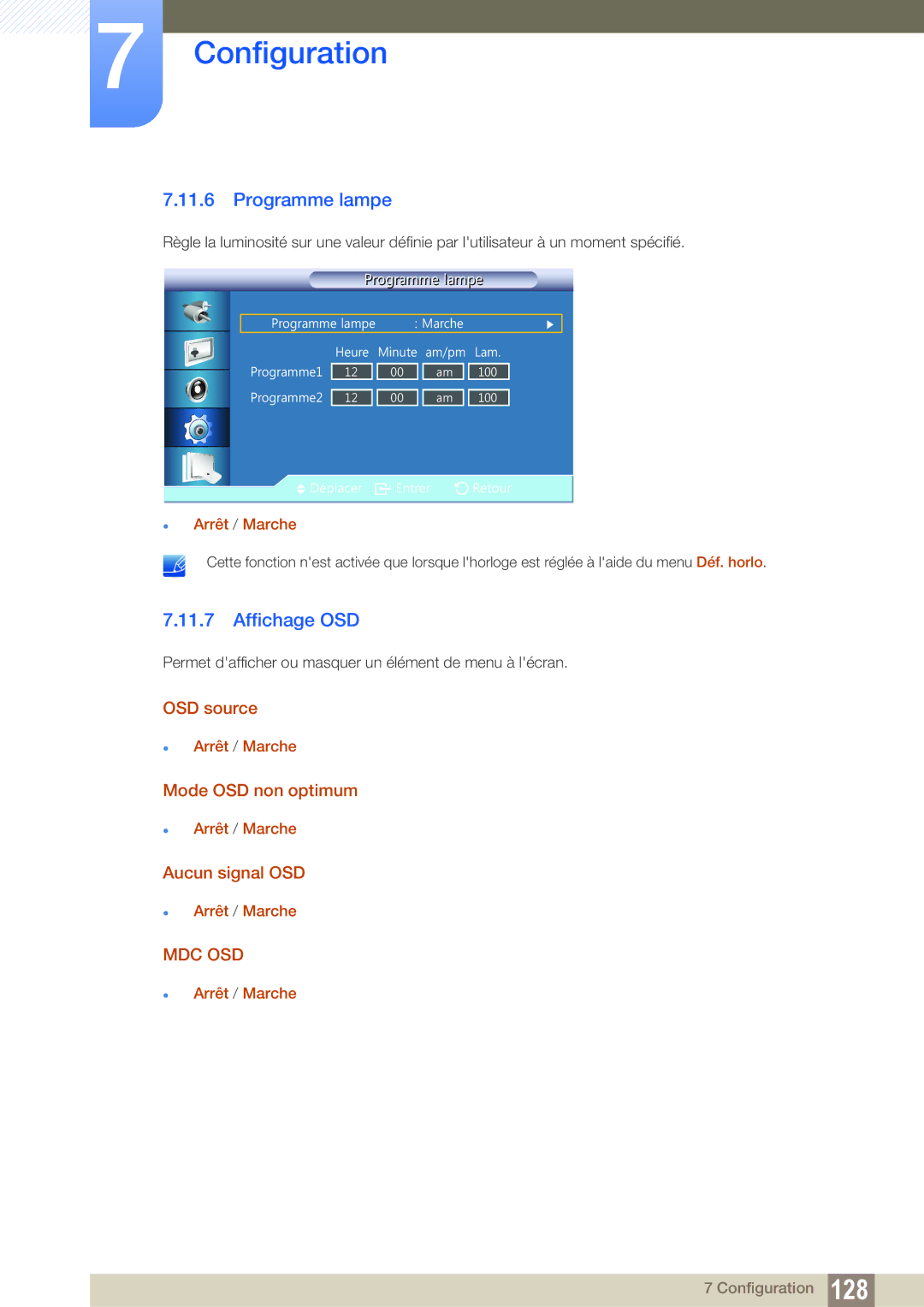 Samsung LH22UDBPLBB/EN manual Programme lampe, Affichage OSD, OSD source, Mode OSD non optimum, Aucun signal OSD 