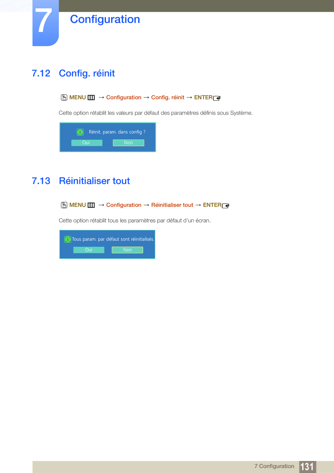 Samsung LH22UDBPLBB/EN manual 13 Réinitialiser tout, Menu m Configuration Config. réinit Enter 