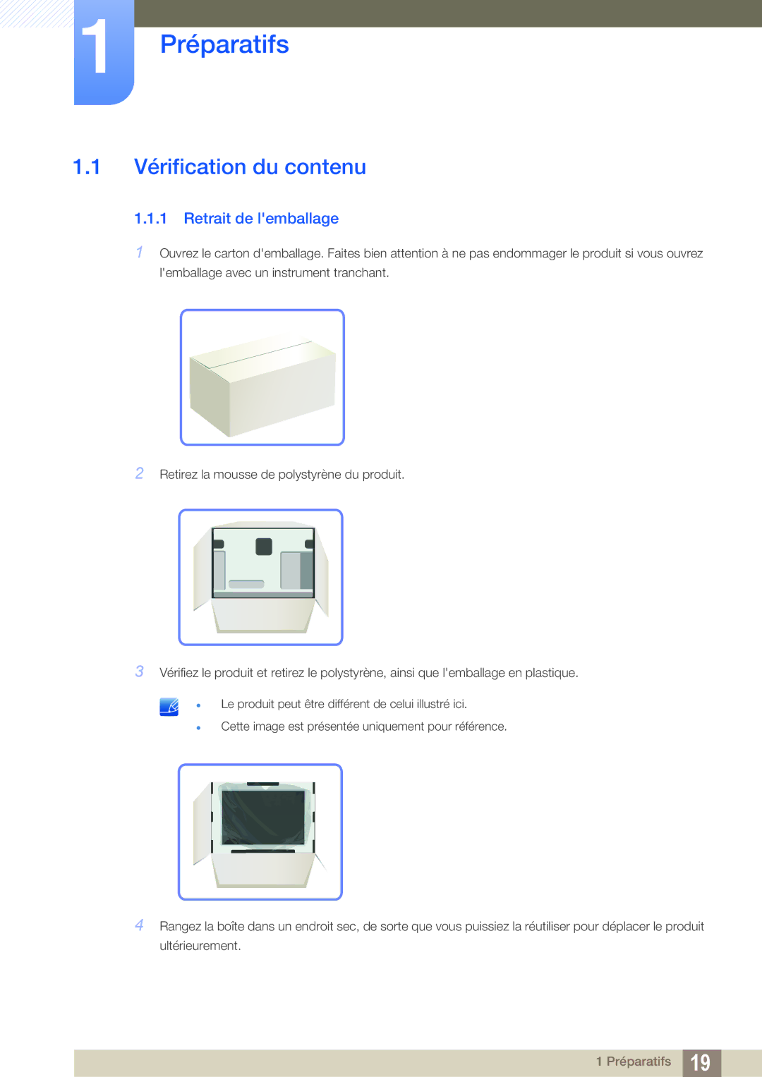 Samsung LH22UDBPLBB/EN manual Vérification du contenu, Retrait de lemballage 