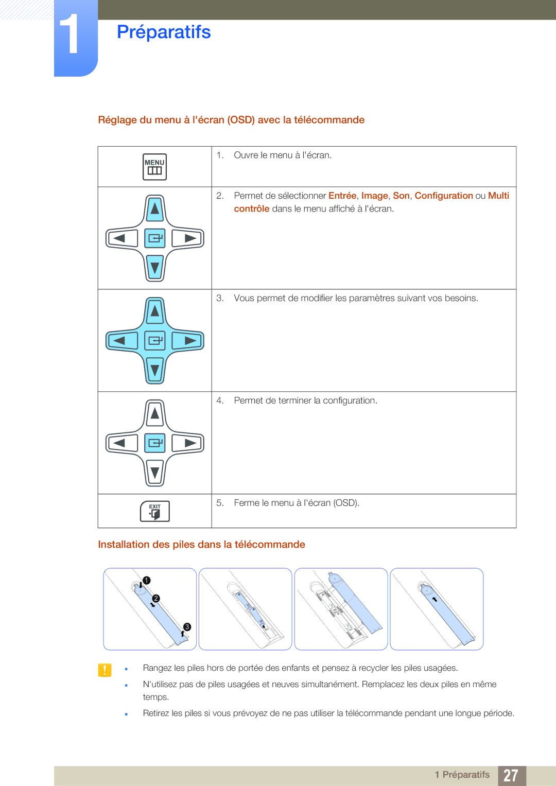 Samsung LH22UDBPLBB/EN Réglage du menu à lécran OSD avec la télécommande, Installation des piles dans la télécommande 