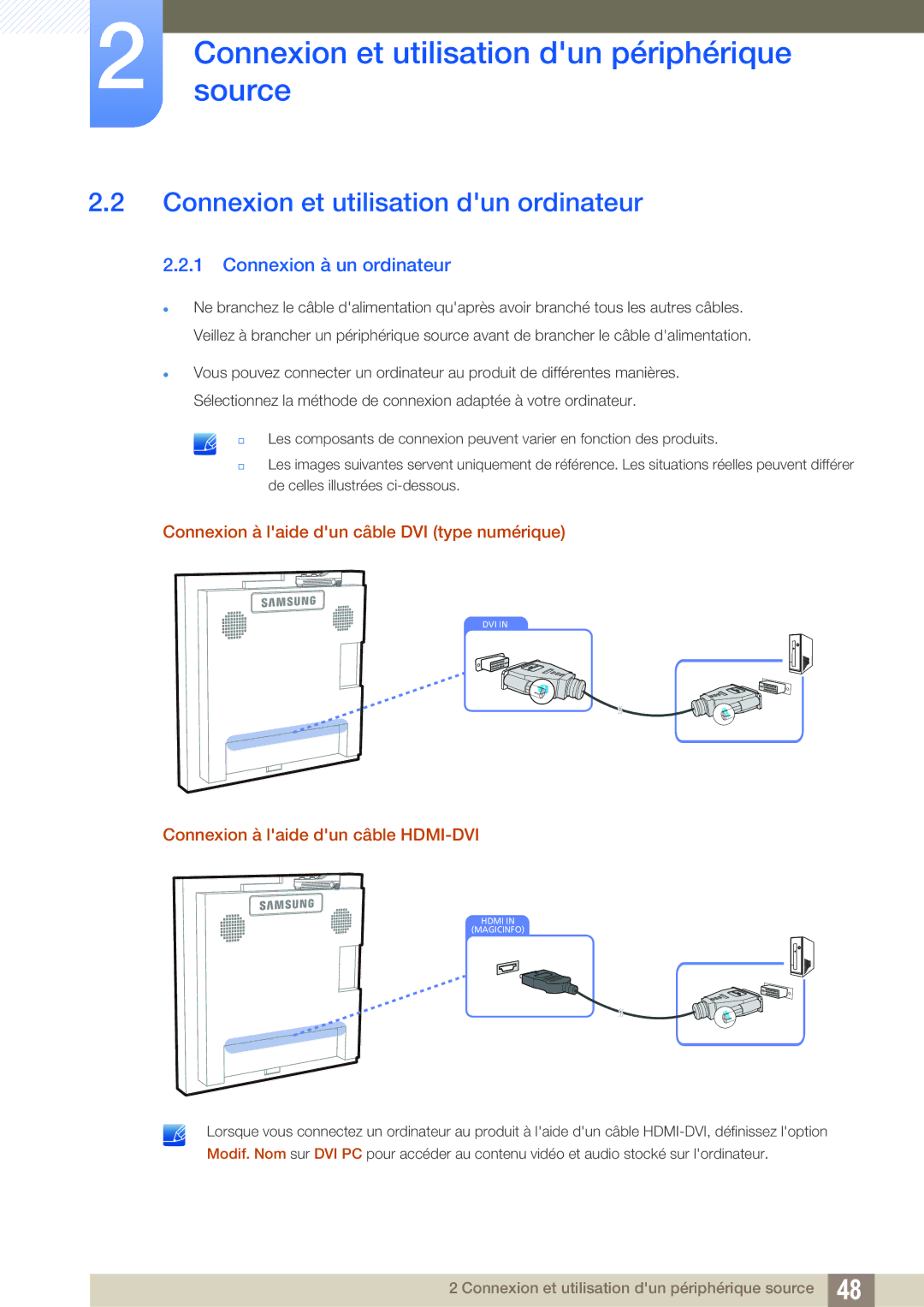 Samsung LH22UDBPLBB/EN manual Connexion et utilisation dun ordinateur, Connexion à un ordinateur 