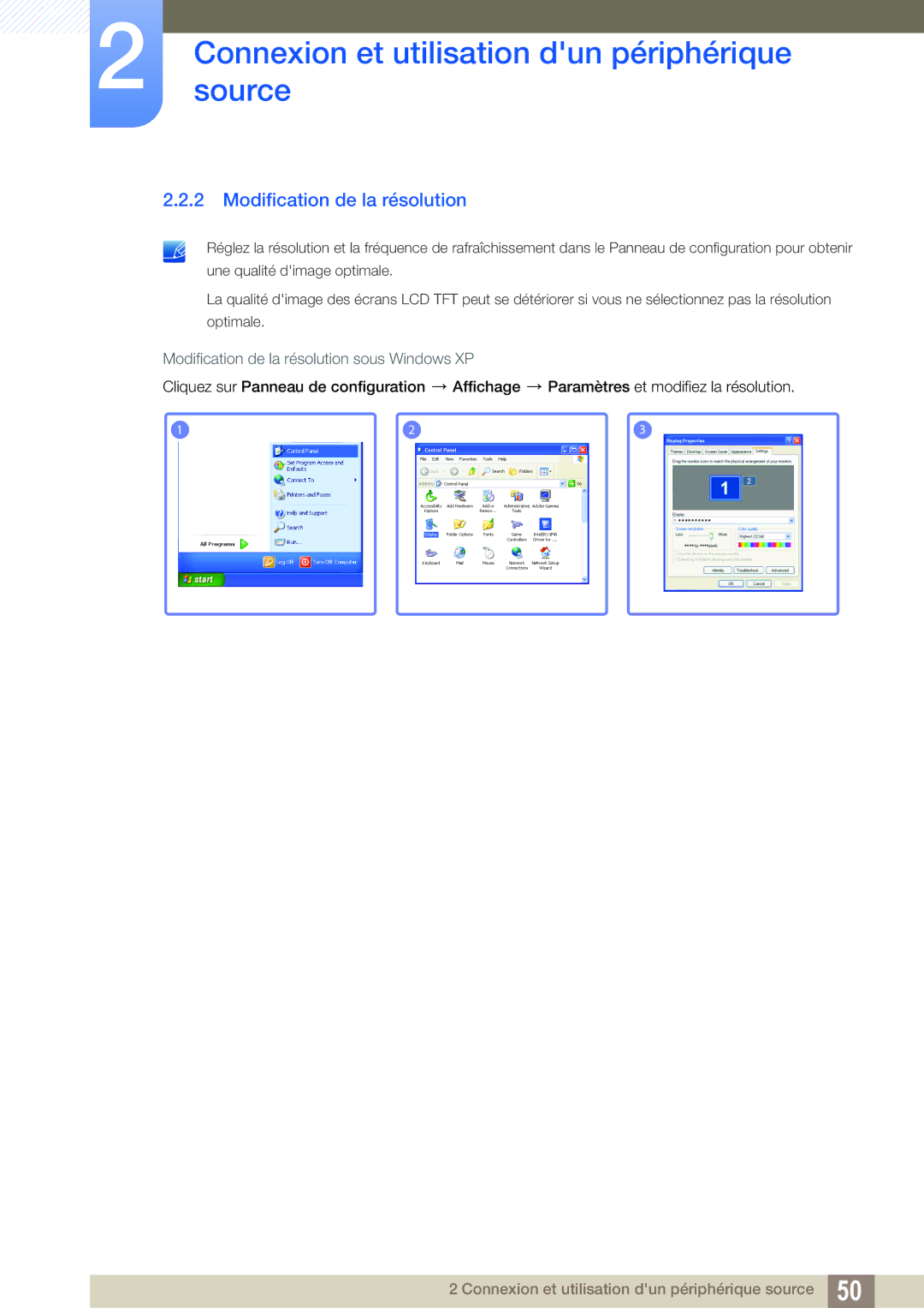 Samsung LH22UDBPLBB/EN manual Modification de la résolution sous Windows XP 