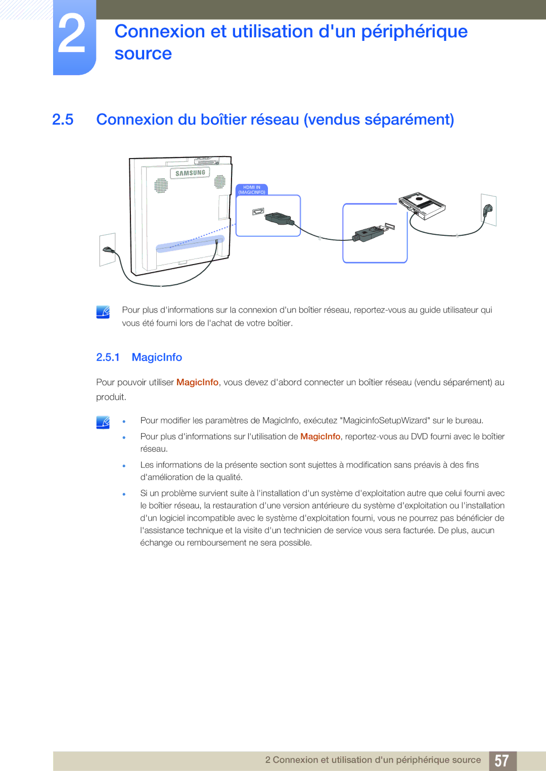 Samsung LH22UDBPLBB/EN manual Connexion du boîtier réseau vendus séparément, MagicInfo 