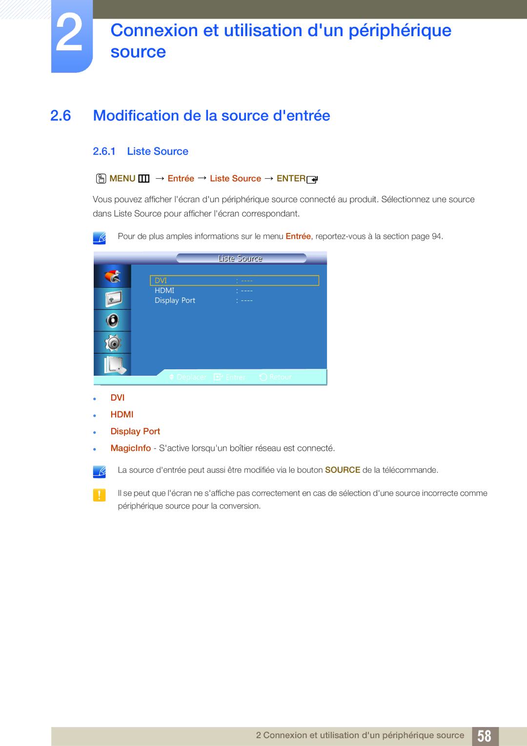 Samsung LH22UDBPLBB/EN manual Modification de la source dentrée, Menu m Entrée Liste Source Enter, Display Port 