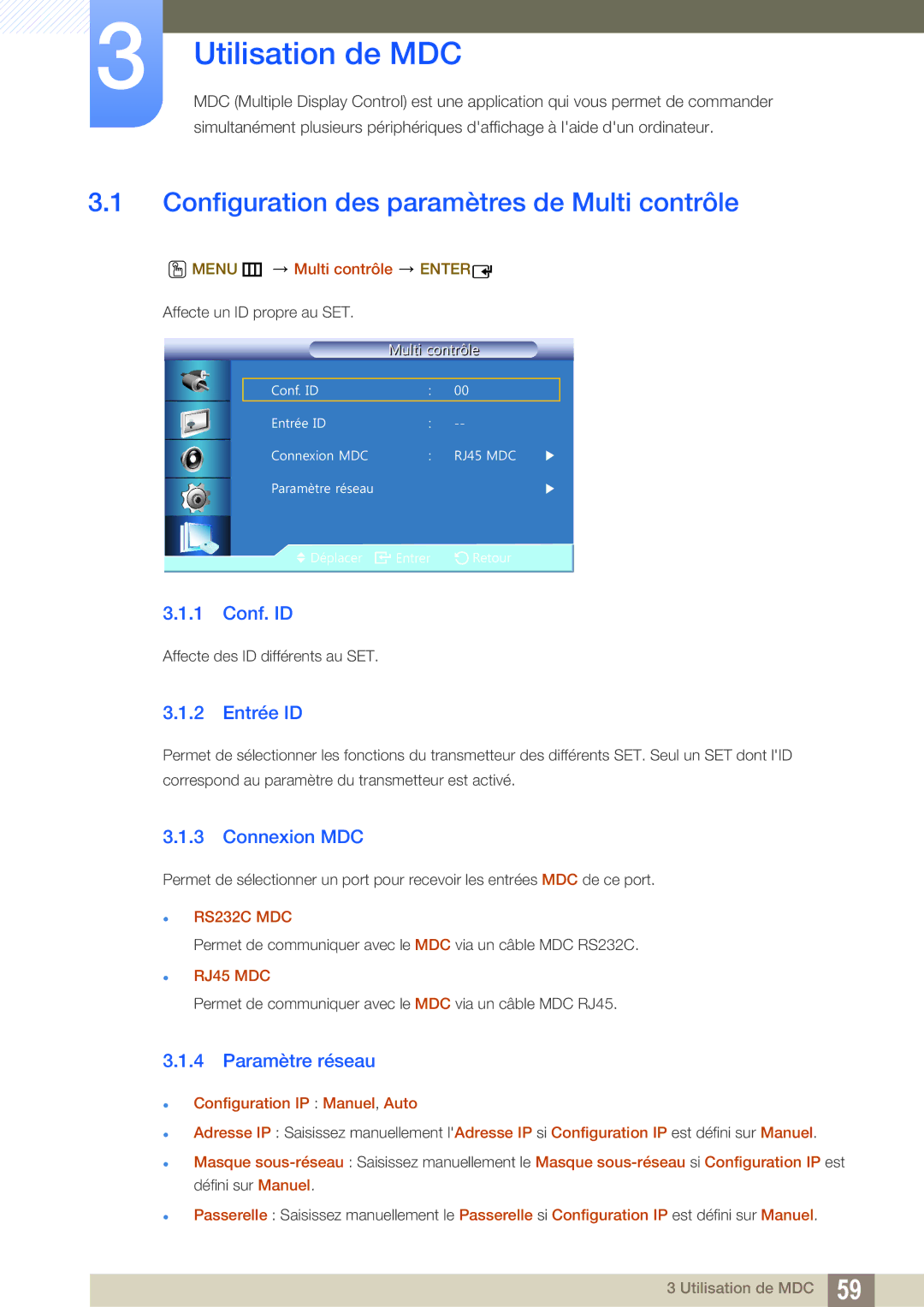 Samsung LH22UDBPLBB/EN manual Configuration des paramètres de Multi contrôle, Conf. ID, Entrée ID, Connexion MDC 