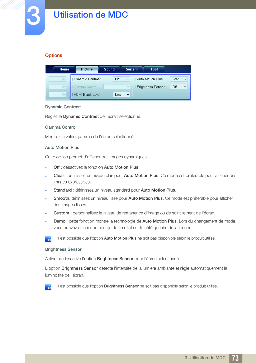 Samsung LH22UDBPLBB/EN manual Options, Dynamic Contrast, Gamma Control, Auto Motion Plus, Brightness Sensor 