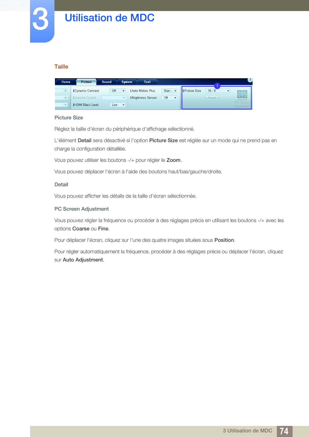Samsung LH22UDBPLBB/EN manual Taille, Picture Size, Detail, PC Screen Adjustment 