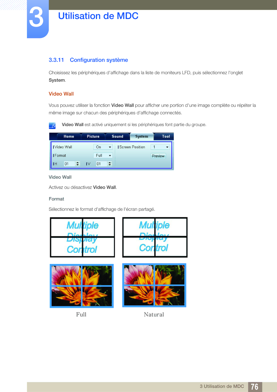 Samsung LH22UDBPLBB/EN manual Configuration système, Video Wall, Format 