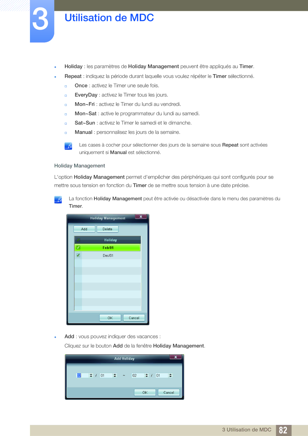 Samsung LH22UDBPLBB/EN manual Holiday Management 