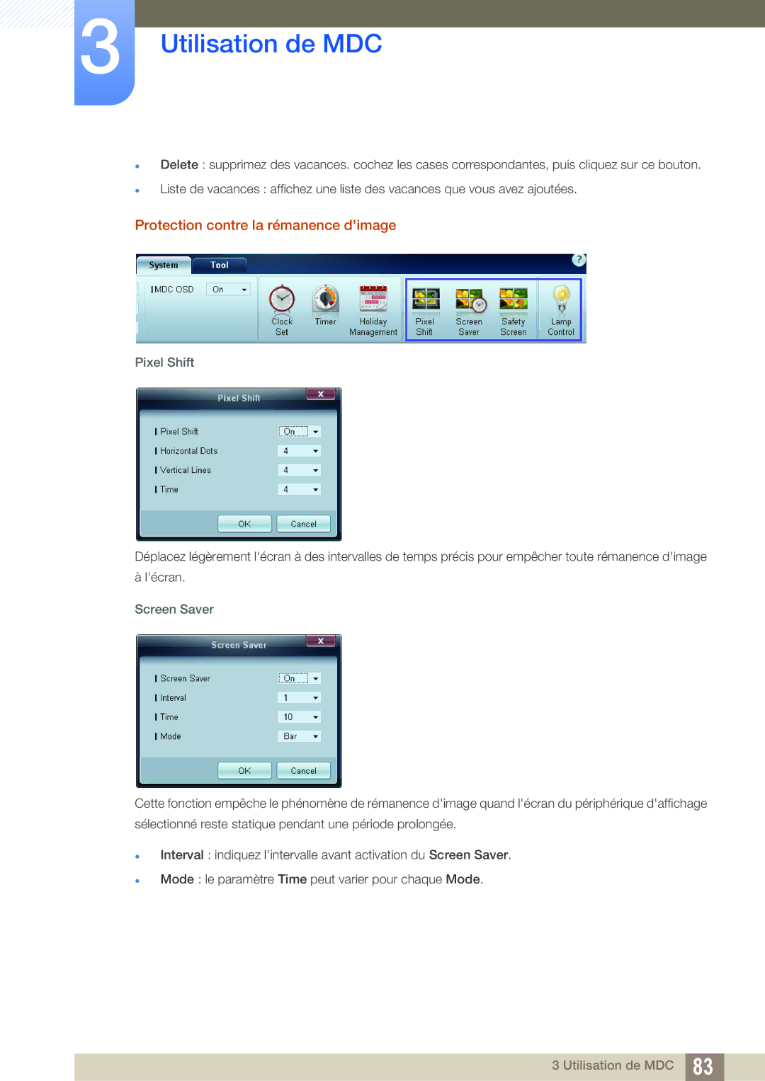 Samsung LH22UDBPLBB/EN manual Protection contre la rémanence dimage, Pixel Shift, Screen Saver 