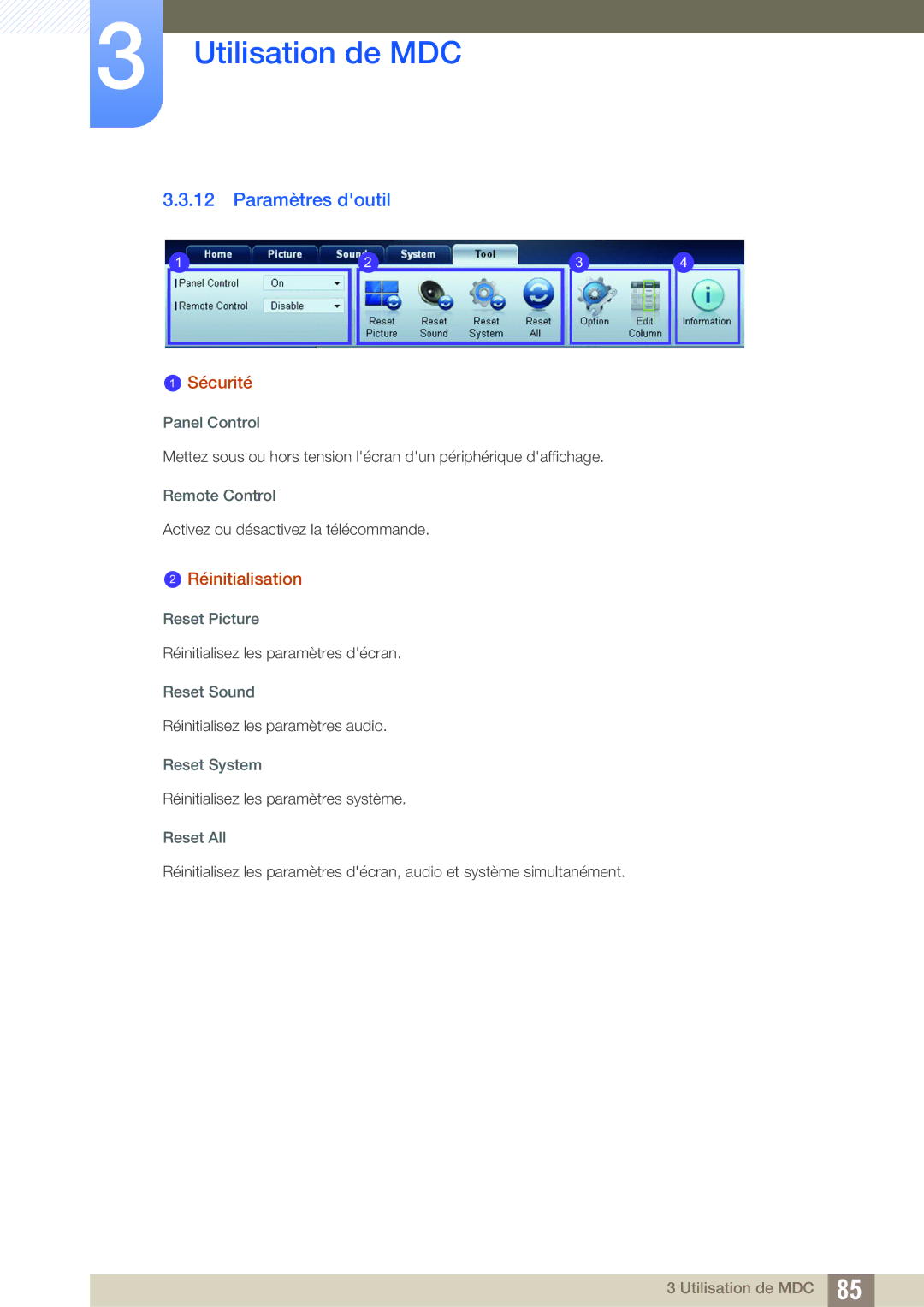 Samsung LH22UDBPLBB/EN manual Paramètres doutil, Réinitialisation 