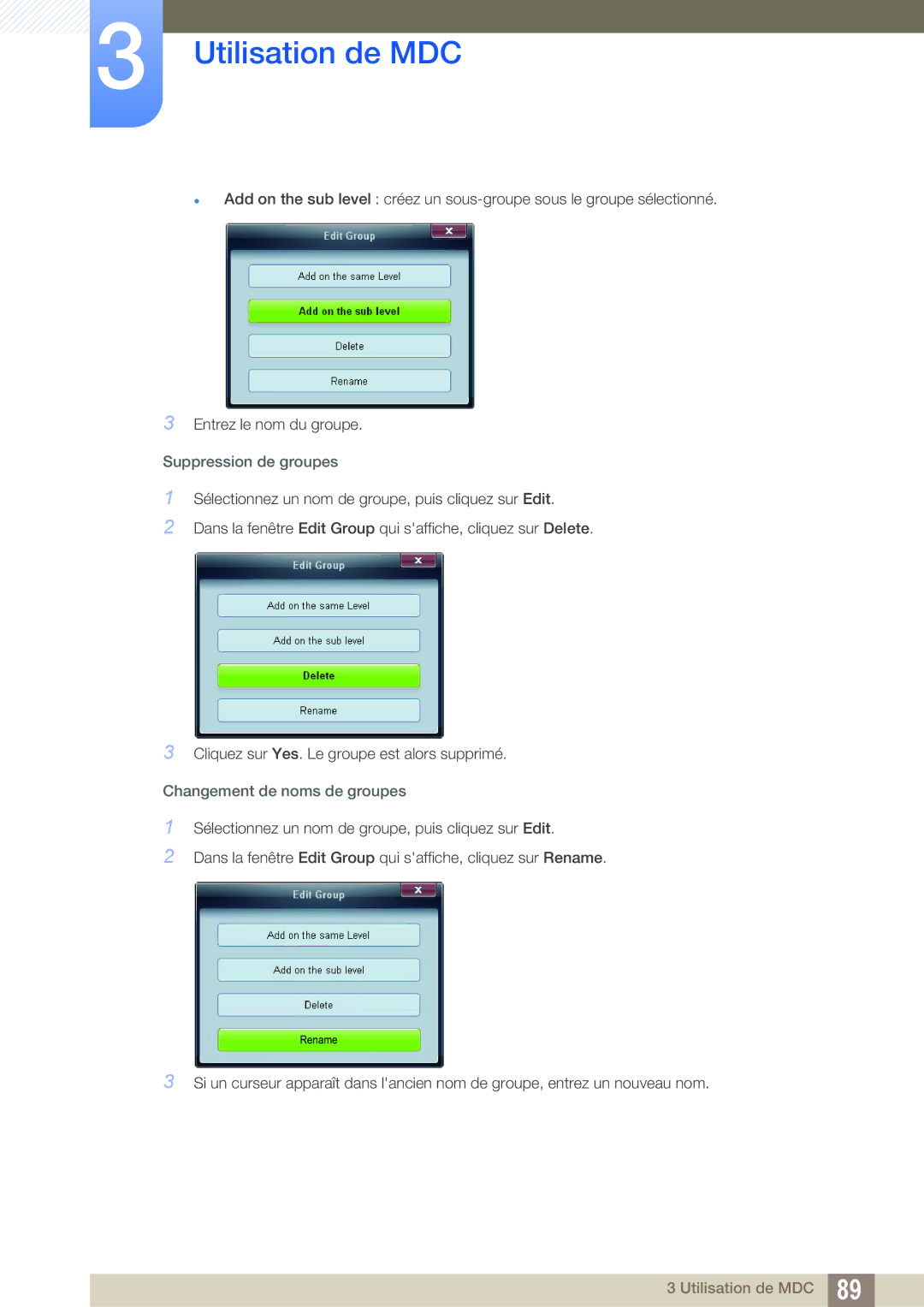 Samsung LH22UDBPLBB/EN manual Suppression de groupes, Changement de noms de groupes 