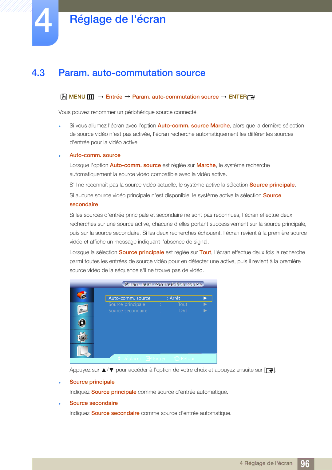 Samsung LH22UDBPLBB/EN manual Menu m Entrée Param. auto-commutation source Enter,  Auto-comm. source 