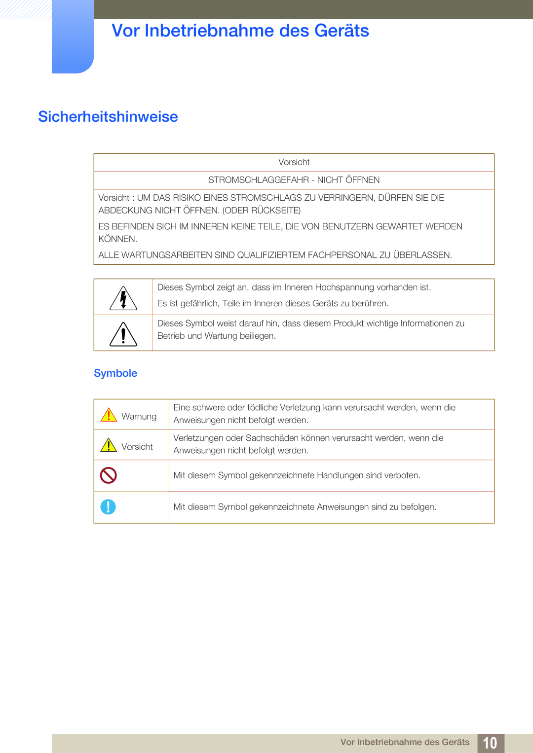 Samsung LH22UDBPLBB/EN manual Sicherheitshinweise, Symbole 