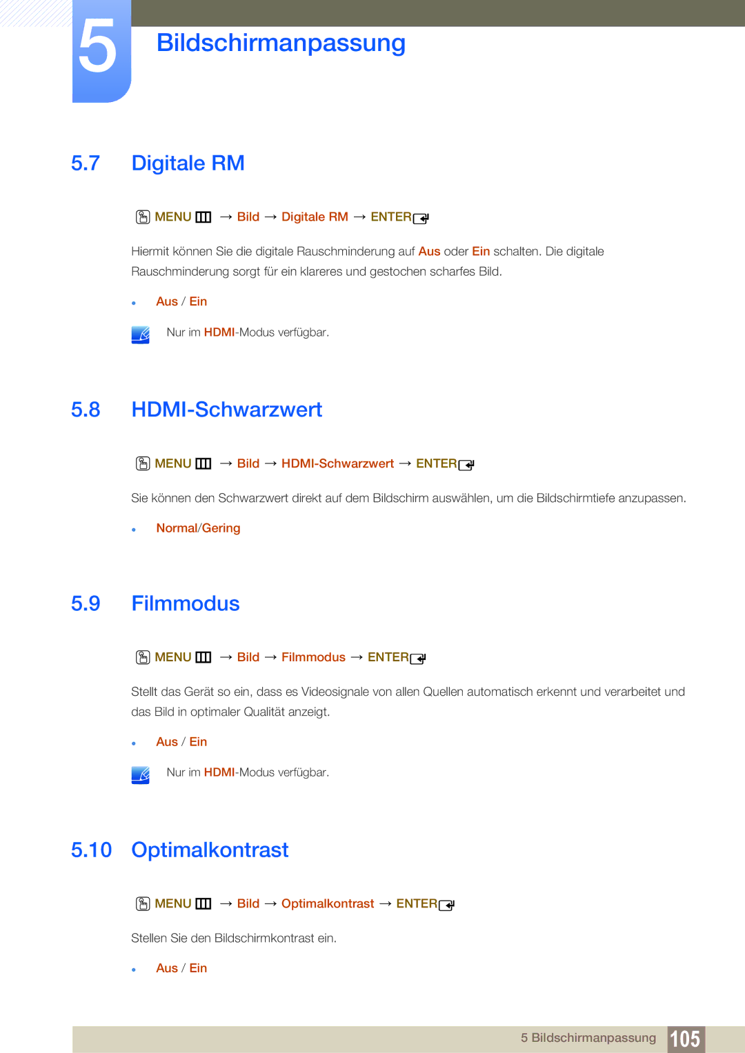 Samsung LH22UDBPLBB/EN manual Digitale RM, HDMI-Schwarzwert, Filmmodus, Optimalkontrast 