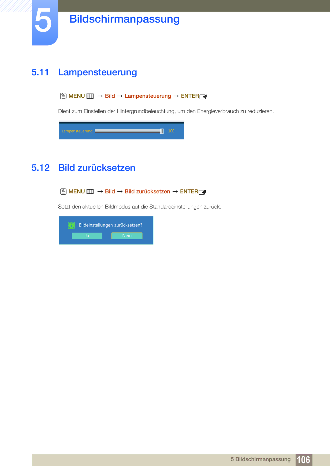 Samsung LH22UDBPLBB/EN manual Menu m Bild Lampensteuerung Enter, Menu m Bild Bild zurücksetzen Enter 