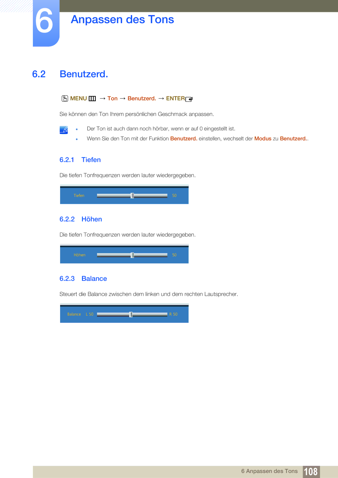 Samsung LH22UDBPLBB/EN manual Tiefen, 2 Höhen, Balance, Menu m Ton Benutzerd. Enter 