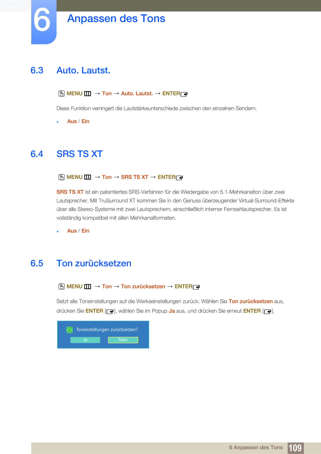 Samsung LH22UDBPLBB/EN manual Ton zurücksetzen, Menu m Ton Auto. Lautst. Enter, Menu m Ton SRS TS XT Enter 