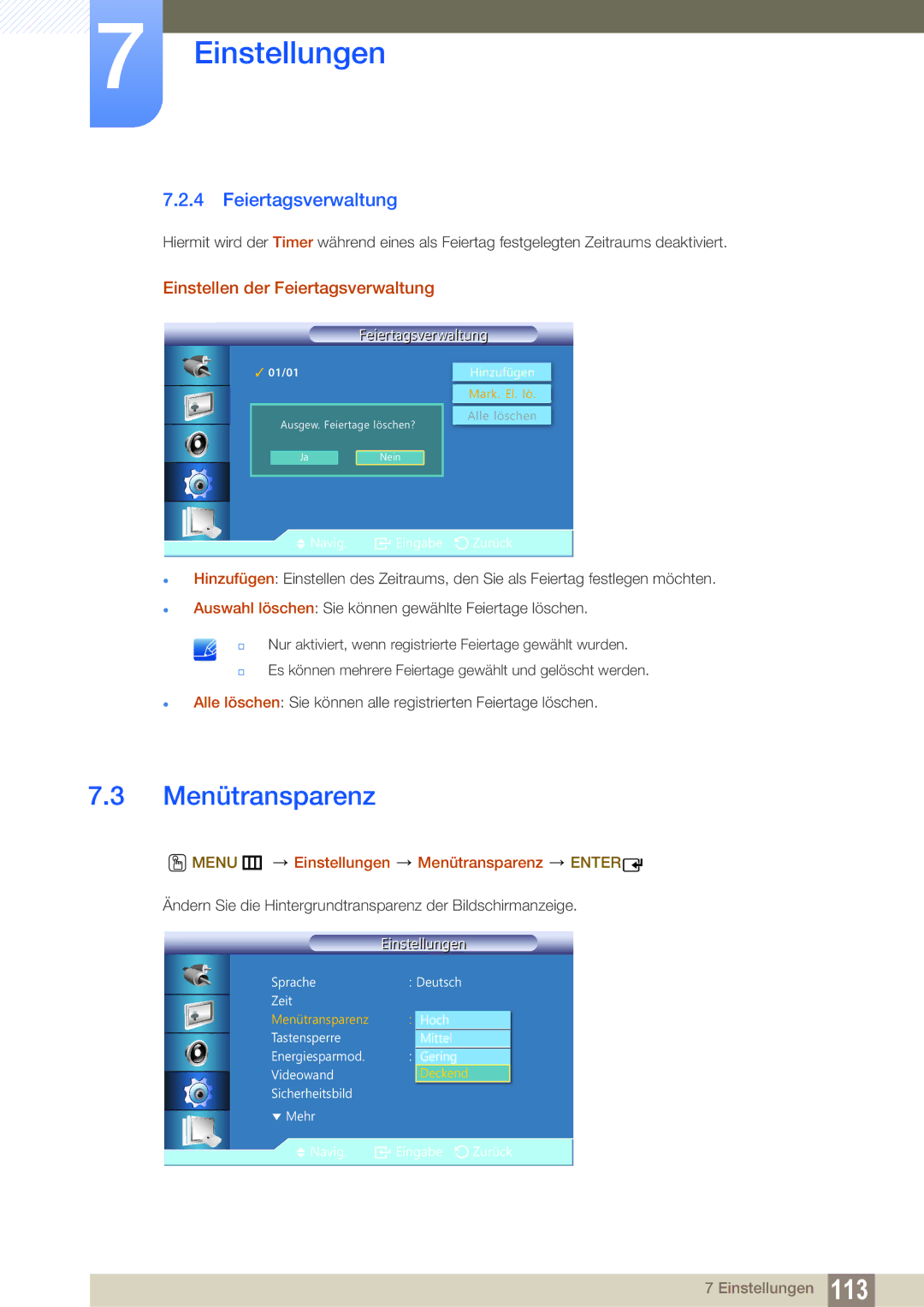 Samsung LH22UDBPLBB/EN manual Einstellen der Feiertagsverwaltung, Menu m Einstellungen Menütransparenz Enter 