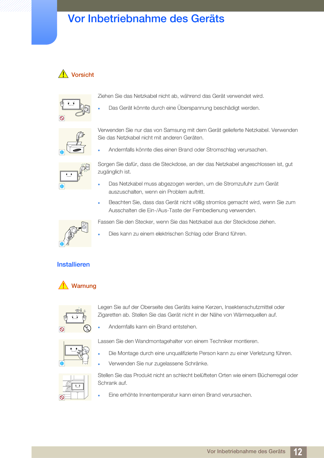 Samsung LH22UDBPLBB/EN manual Installieren, Vorsicht 